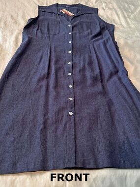 DRESS, LINEN BLEND, NAVY, SIZE 15, MOTHER OF PEARL BUTTONS, SHIRT COLLAR WITH